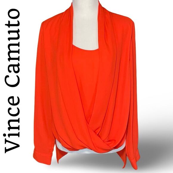 VINCE CAMUTO Bright Orange, High-Low Blouse, Draped Crisscross Front, Size S - Picture 1 of 9